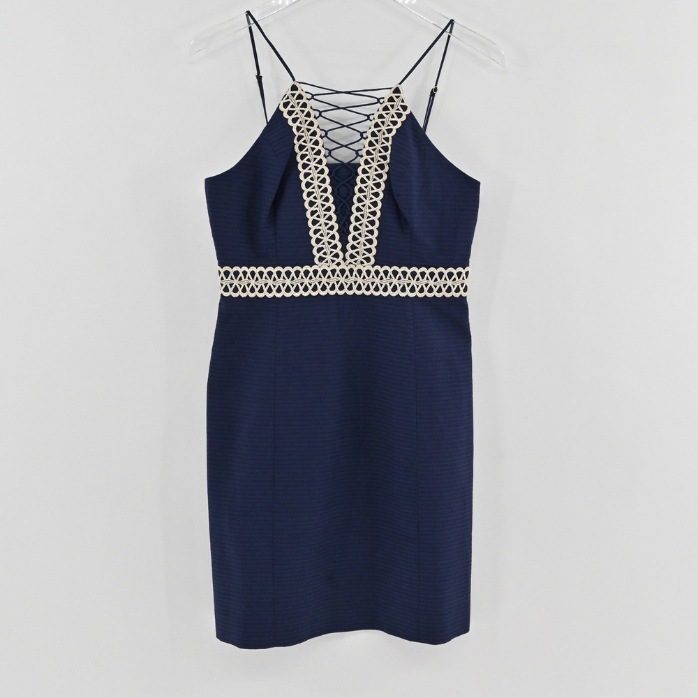 Lilly Pulitzer Trista Shift Dress Womens Size 6 True Navy Lace Up Crochet Cotton